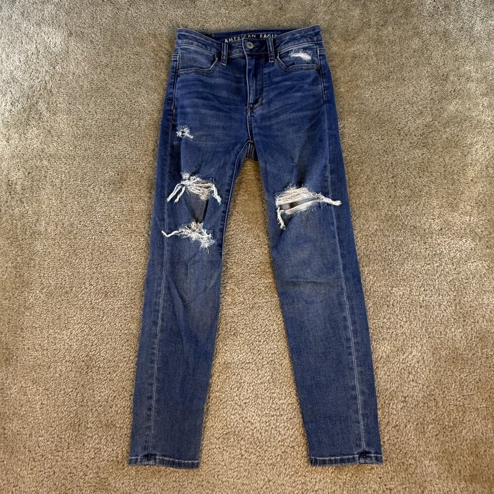 American Eagle Stretch Super High Rise Jegging Crop Jean Distressed Size 0S F579
